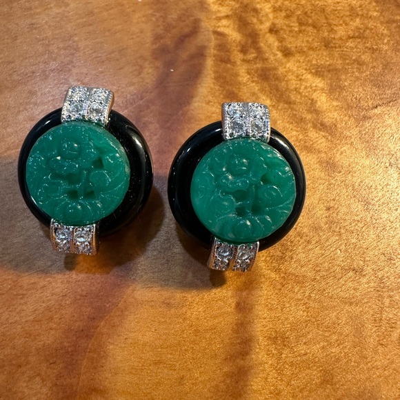 Kenneth Jay Lane Green and Black Clip-On Earrings with Silver Accents - Picture 2 of 7